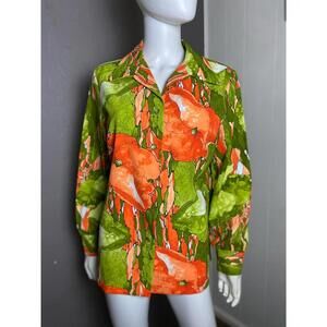 1960's MOD Watercolor Floral Avocado Green + Orange Shirt Dagger Collar Large